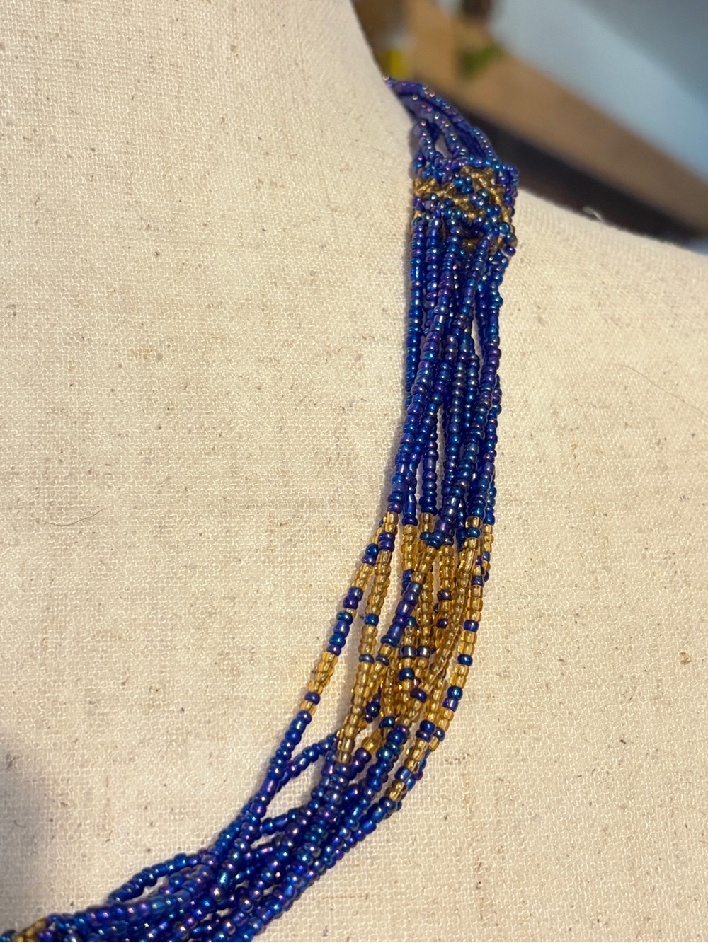 Vintage Cobalt Blue Gold Multi Strand Seed Bead Necklace Boho Statement Woven - Picture 7 of 10